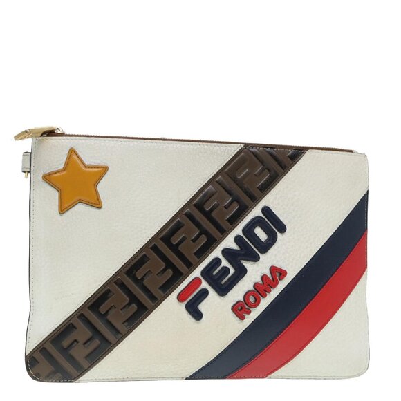 FENDI FILA Collaboration Clutch Bag Leather Beige Gold Auth - Picture 11 of 14